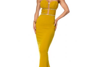 Μάξι στράπλες φόρεμα με στρας - Μουσταρδί 9275-Κίτρινο - RO FASHION - 